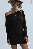 Dodobye-Fashion Skew Neck Long Sleeve Mini Dress