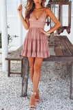 Dodobye-Sexy V Neck Tiered Ruffle Pink Blending Mini Dress