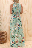 Dodobye-Fashion Round Neck Floral Print Green Dress
