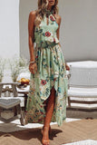 Dodobye-Fashion Round Neck Floral Print Green Dress