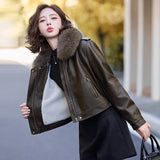 thanksgiving outfit Dodobye Women's Autumn Winter New Style Leather Jacket Large Collar Fleece Lined And Thickened Petite Jacket PULeather ZH1138