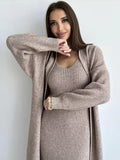 Black Friday Dodobye Casual Knitted Sling Dresses Cardigan Set Women Loose Solid V-neck Knitwear Long Open Sweater Woman's Sets Autumn Chic Oufits