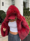 christmas outfit Dodobye 2025 Red Chic Hooded Warm Faux Fur Women's Short Coat Fashion Thicken Loose Long Sleeve Fluffy Jackets Christmas Lady Streetwear