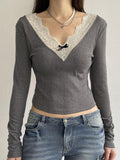 Dodobye-Lace Trim Splice V Neck Long Sleeve Knit