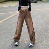 Dodobye Vintage Y2k Letter Brown Jeans Women Streetwear High Waist American Denim Pants Loose Hip Hop Harajuku Bf Retro Trousers