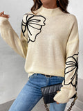 christmas outfit Dodobye Long Sleeves Loose Flower Shape Split-Joint High Neck Sweater Tops