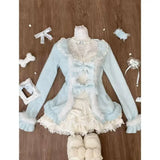 Dodobye Sweet Lolita Three Piece Sets Lace Bow Plush Cardigan + Sexy Slim Fit Strapless Vest Tops + High Waist Ruched Skirts Winter Chic