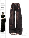 Dodobye Women's 90s Vintage Black Gothic Cargo Jeans Y2k High Waist Wide Leg Denim Trousers Harajuku Baggy Jean Pants Emo 2000s Clothes