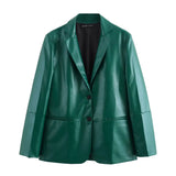 thanksgiving outfit Dodobye 2024 Autumn New Arrival Women's Leather Green Straight Cut Suit Jacket With Split Side Skirt Medium Length Dress Set