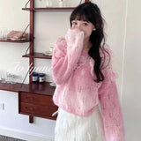 Black Friday Dodobye Sweet Flowers Sweater Women Pink Beaded Hollow Out Loose O-Neck Knitted Jumpers Fashion Spring Fall Long-Sleeved Lazy Pretty Top