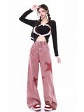 Dodobye Women's Vintage Red Wide Leg Star Jeans 90s Fashion Aesthetic Denim Trousers Harajuku 2000s High Waist Baggy Jeans Pants Clothes