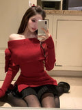 Dodobye Korean Fashion Knitted Sweater Clothing Off Shoulder Casual Slim Bodycon Pullovers Office Lady Elegant Long Sleeve Tops 2025