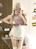 Dodobye 2025 Summer Fashion Outfits Chic White Puff Sleeve Blouse + Pink Plaid Strap Dress Female Sweet Kawaill Y2k Short Party Suits