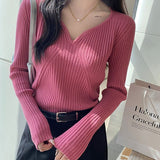 Black Friday Dodobye Korean Elegant Sweater Women Knitted Apricot Autumn Winter Slim Basic Pullover Long Sleeve V-Neck Solid Female Chic Jumpers