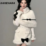 Dodobye Autumn French High-end Fashion 3-piece Set Fur Collar Shawl Style Bow Top Harajuku Style Half Skirt High-end Y2k Sets