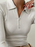 Dodobye-Solid Color Splice Zipper Lapel Neck Long Sleeve Knit