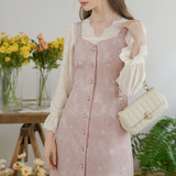 Dodobye Baby Pink Rose Embroidery Denim Strap Dress And Lace Blouse