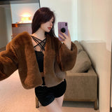 thanksgiving outfit Dodobye Plus Size Winter Korean Style Leather Alternative Eco-Friendly Plush Jacket High-End Thickened Cropped Overcoat For Plus Size