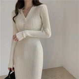 Black Friday Dodobye Knit Dress Women Elegant Korean Autumn Winter Long Sleeve V-Neck Button Slim Skirt Fashion Stretch Sweater Office Lady Dress