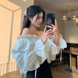 Dodobye Sexy Off Shoulder Sweet Blouse Women Korean Fashion Ruffles Elegant Cropped Shirt Fall Lace Up Design Lady Chic White Tops