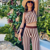 thanksgiving outfit Dodobye 2024 Spring Summer Vintage Knitted Striped Women Suits Fashion Casual O Neck Sleeveless Short Tops+High Waist Long Pants