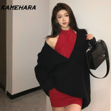 Dodobye Korean Retro V-neck Knitted Hoodie for Women Autumn Hanging Neck Strap Dress Waist Up Short Skirt Sets Female Clothing