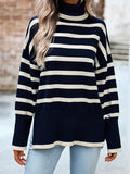 christmas outfit Dodobye Long Sleeves Loose Contrast Color Split-Side Striped High Neck Pullovers Sweater Tops