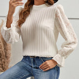 Dodobye Solid Elegant T-shirt Long Sleeve Patchwork Printed Office Lady Tops Plain O-Neck Casual White Women Pullovers