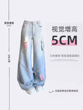 Dodobye Women's High Waist Ripped Cargo Jeans Vintage Korean Fashion Y2k Streetwear Cowboy Pants Harajuku Wide Leg Blue Denim Trousers