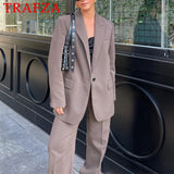 thanksgiving outfit Dodobye Woman Fashion 2024 Autumn Brown Office Lady Woman Suits Loose V Neck Blazer+High Waist Long Leg Pants Vintage Women Sets