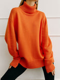 christmas outfit Dodobye High-Low Long Sleeves Solid Color Split-Joint High Neck Sweater Tops