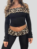 Dodobye Rockmore Leopard Print Patchwork Crop Top for Women Y2K Aesthetics Of Shoulder Long Sleeve T Shirts Grunge Fairycore Clothes