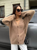 Black Friday Dodobye Casual Solid Imitation Mink Cardigan Women Loose Knitted Plush V-neck Single-Button Sweaters Female Autumn Chic Street Tops