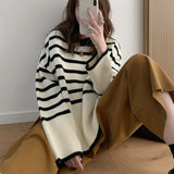 Black Friday Dodobye Korean Striped Sweater Women Loose Side Split Chic O-Neck Knit Pullover Pretty Style Casual Fall Winter Lazy Vintage Jumpers