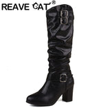 thanksgiving outfit Dodobye Female Knee Boots Round Toe Chunky Heels 7.5cm Size 50 51 52 Pleated Vintage Daily Bota