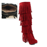 thanksgiving outfit Dodobye size 32-43 Flock Fur Women boots High heels Knee boots Fringe Tassels Fashion Black Red ZL4150