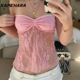 Dodobye Solid Backless Bandage Corset Top Sweet Lace Stitched Strapless Tube Tops Women Sexy Club Party Tee Y2k Camis 민소ë§?í‹?여성