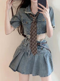 Dodobye 2025 Summer Korean Fashion Outfits Retro Denim Safari Party Suits Style Women Casual Elegant Crop Tops + Bodycon Mini Skrits