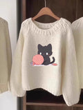 christmas outfit Dodobye Autumn and winter popular round neck style Korean style pullover women's thick line white sweater cartoon sweater lazy top cat