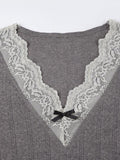 Dodobye-Lace Trim Splice V Neck Long Sleeve Knit