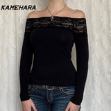 Dodobye Black Lace Stitched Slash Neck Crop Tops Elegant Sexy Skinny Long Sleeve T-Shirts Women Harajuku Y2k Spring Tees Basic