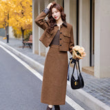 thanksgiving outfit Dodobye Fashionable Casual Suit Autumn/Winter New PU Leather Patchwork Tweed Style Down Jacket Half Skirt 2-Piece Set Skirt YJ6816