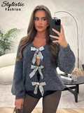 thanksgiving outfit Dodobye Knitted Bow Lace Up Sweaters Women Hollow Out Deep V-neck Long Sleeve Cardigans Female 2024 Autumn Solid Y2k Streetwear Lady