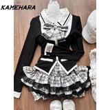 Dodobye American Retro College Style Gray White Checkered Cake Half Skirt Bow Black Slimming Patchwork Cardigan Two-piece Sets