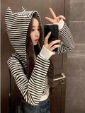 Dodobye Y2k Vintage Striped Short Hoodie Women Harajuku Demon Horn Casual Outerwear Tops Korean Spring Streetwear Slim Zipper Cardigan