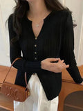 Dodobye-Solid V Neck Slit Long Sleeve Knit