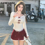 Dodobye Japanese Style Pure Color Matching Lace Patchwork Slimming Knit Shirt Plaid Skirt Retro Sweet Spicy Y2k Two-piece Sets