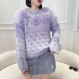 Black Friday Dodobye Sweet Flowers Sweater Women Pink Beaded Hollow Out Loose O-Neck Knitted Jumpers Fashion Spring Fall Long-Sleeved Lazy Pretty Top