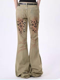 Dodobye Women's Light Brown Y2k Leopard Flare Jeans Harajuku Japanese 2000s Style Baggy Denim Trousers Vintage Jean Pants Trashy Clothes