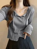 Dodobye-Solid V Neck Slit Hem Long Sleeve Knit